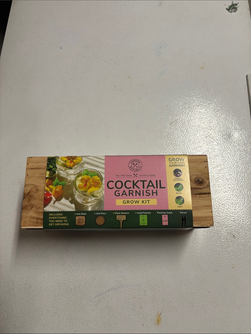 Cocktail Garnish Grow Kit - Pink & Natural Wood Box